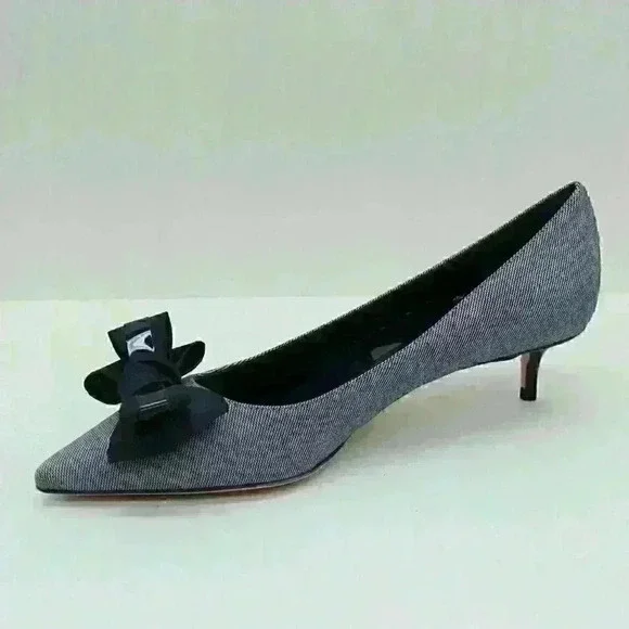 Butter Women's Grey/Black Leather Bow Tie Pointed Toe Kitten Heel Shoes Sz US 10 - Picture 4 of 11